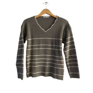 Mislook Gray White Striped Sweater Small Womens Scalloped V-Neck Ribbed Pullover